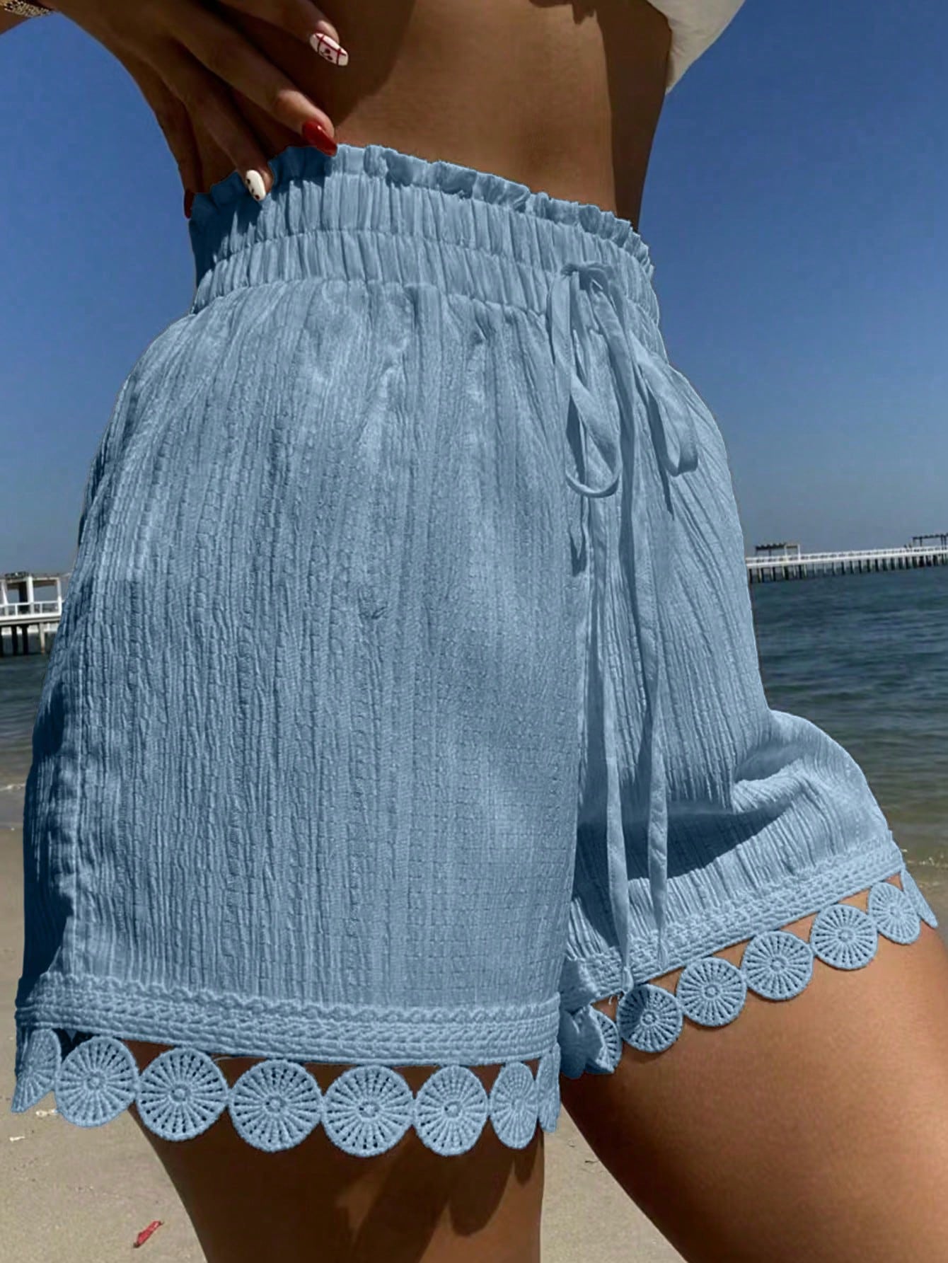 Swim Vcay Summer Women Beach Vacation: Lace Trim Tie Waist Cover Up, Swimsuit Shorts