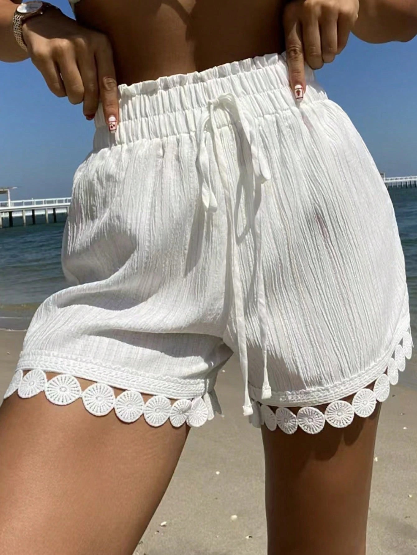 Swim Vcay Summer Women Beach Vacation: Lace Trim Tie Waist Cover Up, Swimsuit Shorts