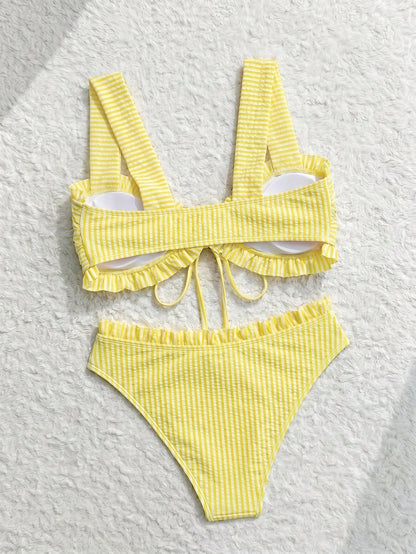 Swim Vcay Sweet Girl 2 Pieces Textured Striped Wide Strap Tie-Front Triangle Bikini Set For Women
