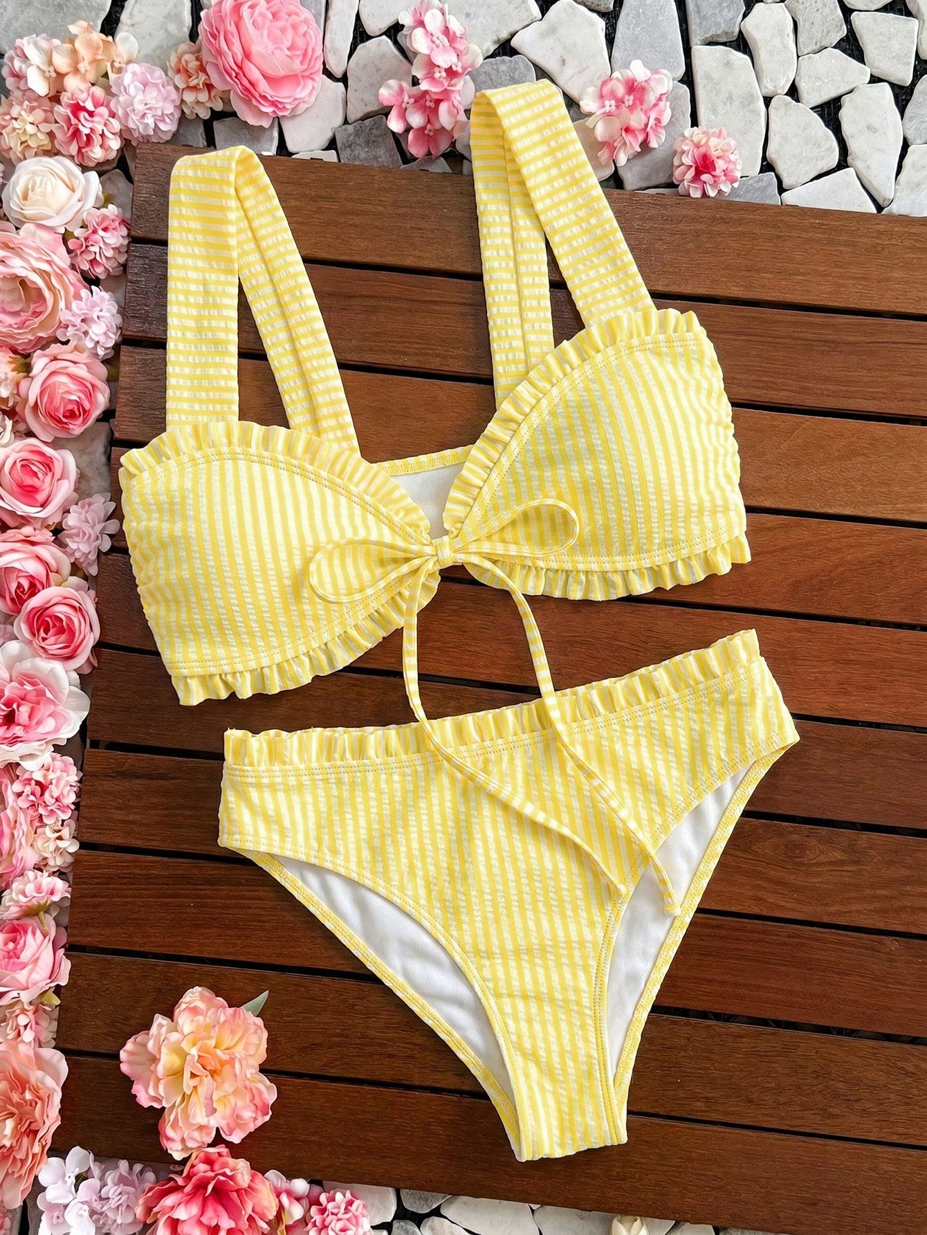 Swim Vcay Sweet Girl 2 Pieces Textured Striped Wide Strap Tie-Front Triangle Bikini Set For Women