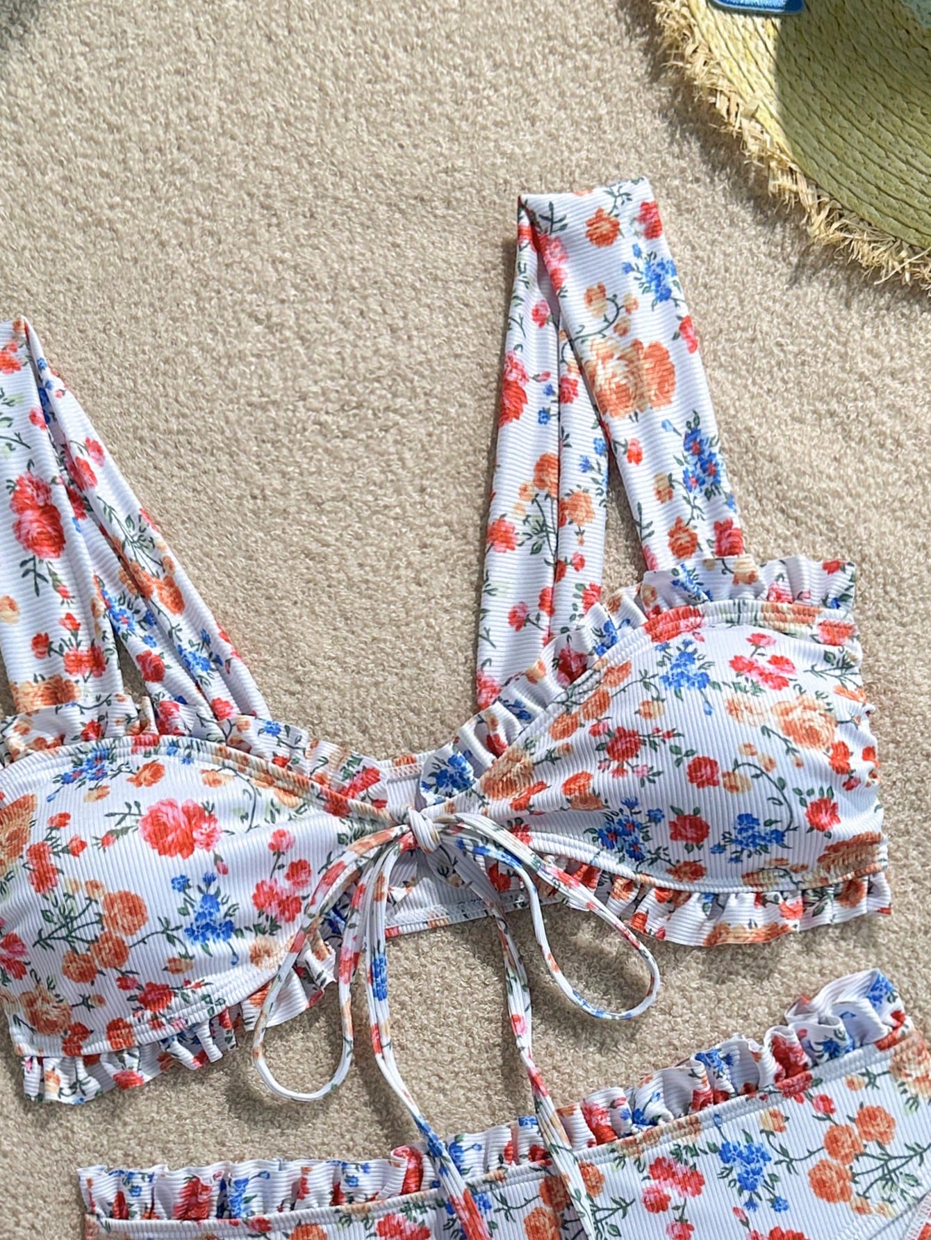 Swim Vcay Sweet Girl 2 Pieces Textured Striped Wide Strap Tie-Front Triangle Bikini Set For Women