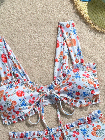 Swim Vcay Sweet Girl 2 Pieces Textured Striped Wide Strap Tie-Front Triangle Bikini Set For Women