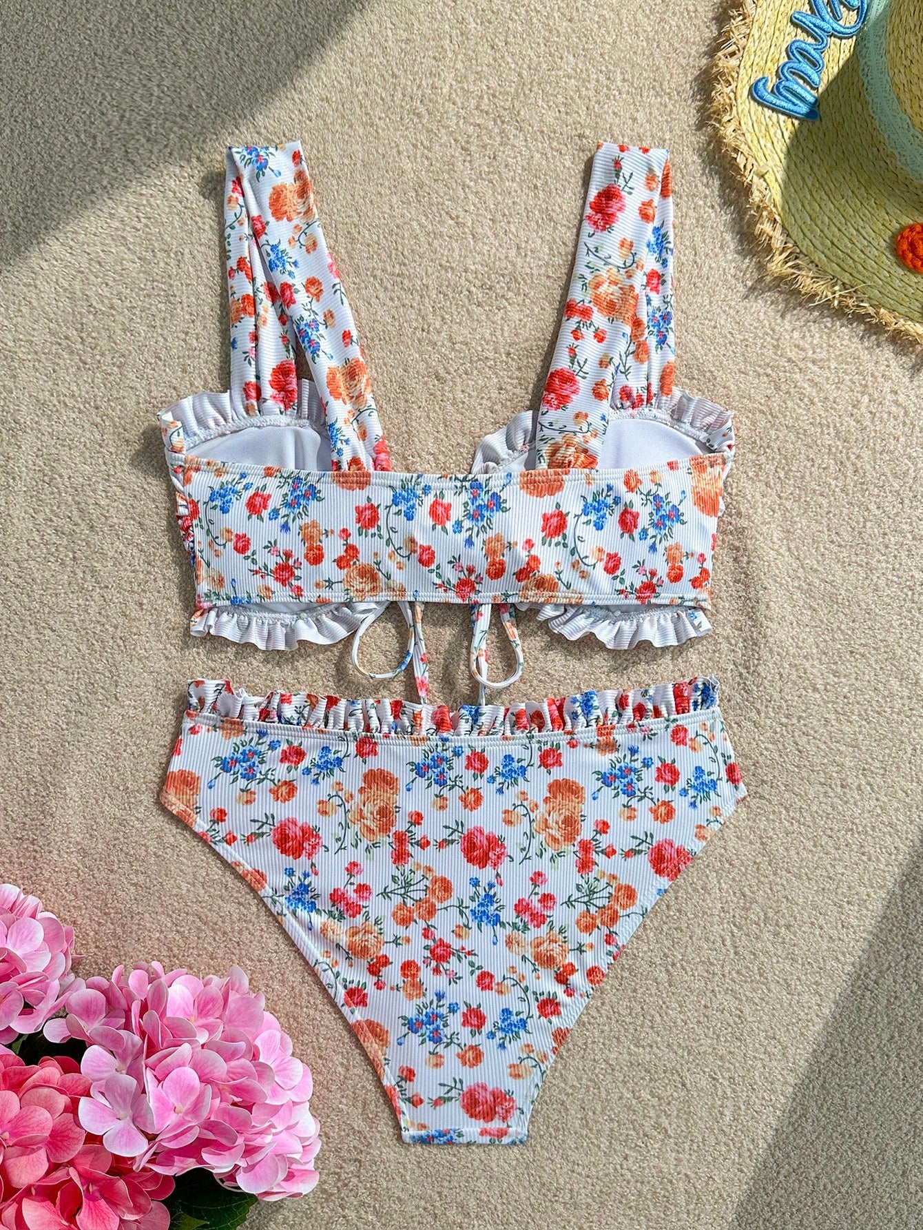 Swim Vcay Sweet Girl 2 Pieces Textured Striped Wide Strap Tie-Front Triangle Bikini Set For Women