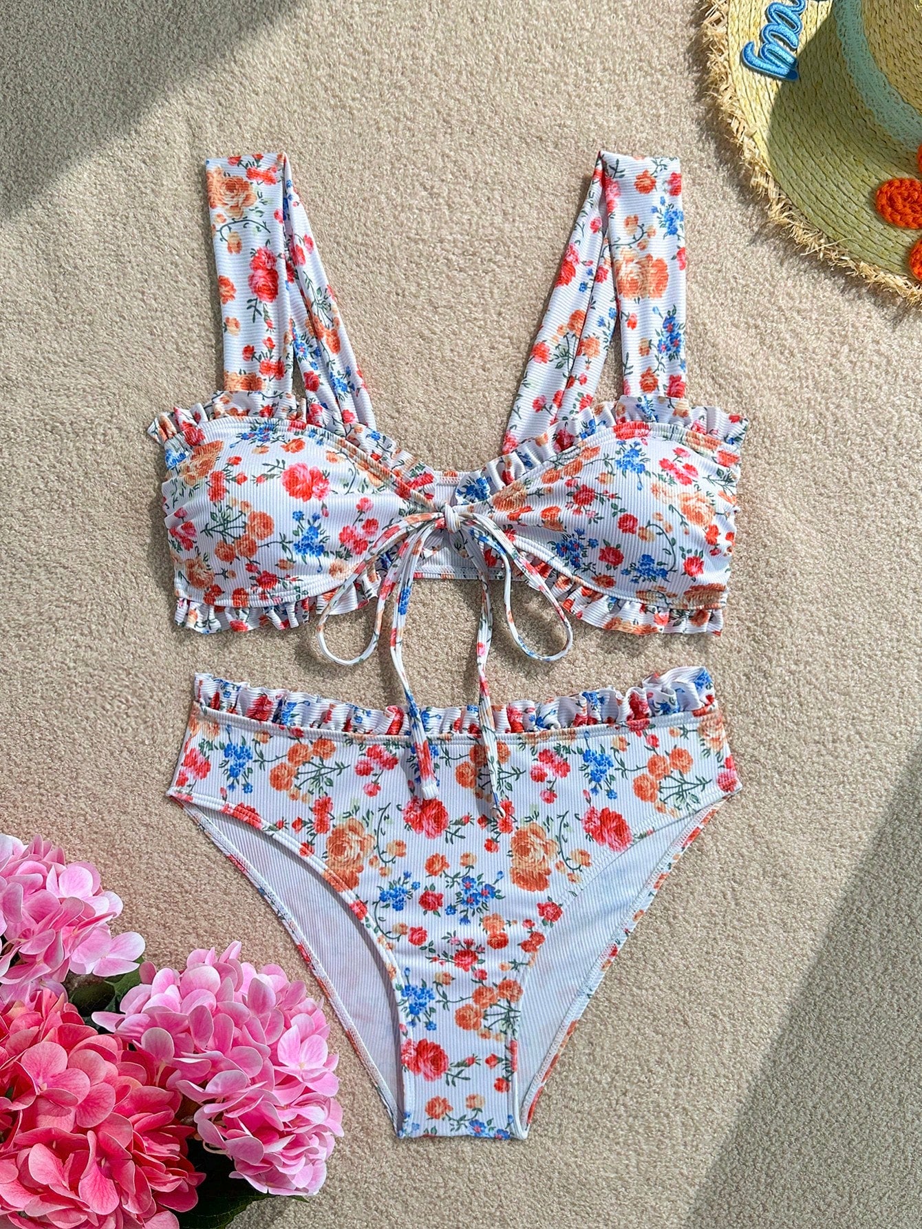 Swim Vcay Sweet Girl 2 Pieces Textured Striped Wide Strap Tie-Front Triangle Bikini Set For Women