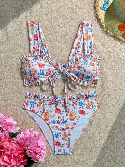 Swim Vcay Sweet Girl 2 Pieces Textured Striped Wide Strap Tie-Front Triangle Bikini Set For Women