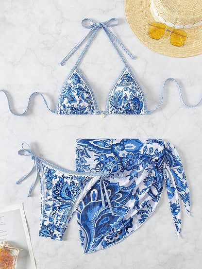 Swim Vcay Swimsuits For Woman Summer Beach 3pcs/Set Women's Random Printed Bikini Set