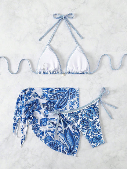 Swim Vcay Swimsuits For Woman Summer Beach 3pcs/Set Women's Random Printed Bikini Set