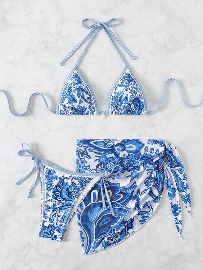 Swim Vcay Swimsuits For Woman Summer Beach 3pcs/Set Women's Random Printed Bikini Set