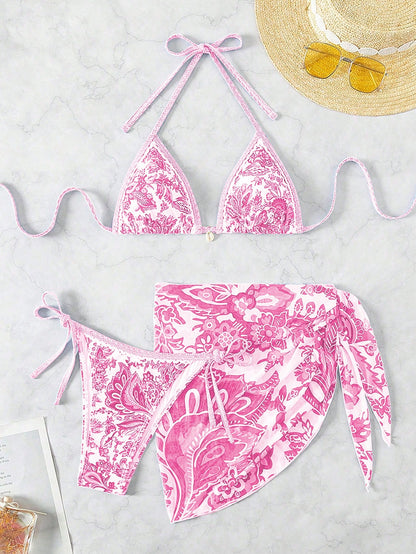 Swim Vcay Swimsuits For Woman Summer Beach 3pcs/Set Women's Random Printed Bikini Set