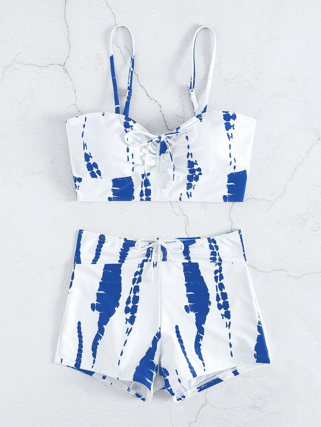 Swim Vcay Tie Dye Bikini Set Drawstring Wireless Bra & Shorts 2 Pieces Bikini,Summer Beach