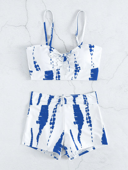 Swim Vcay Tie Dye Bikini Set Drawstring Wireless Bra & Shorts 2 Pieces Bikini,Summer Beach