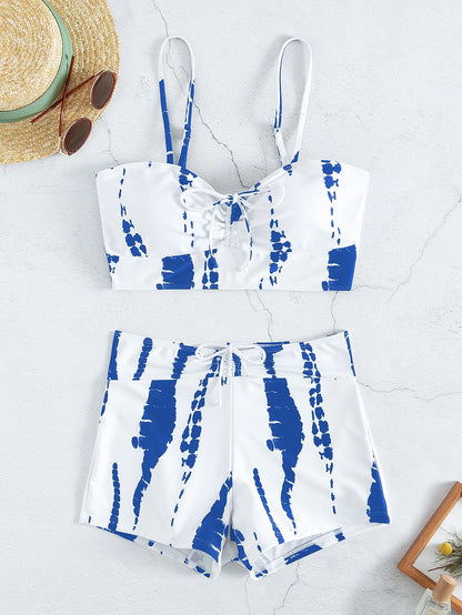 Swim Vcay Tie Dye Bikini Set Drawstring Wireless Bra & Shorts 2 Pieces Bikini,Summer Beach