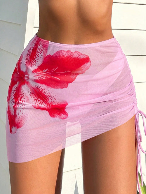 Swim Vcay Women Leopard Butterfly Print Drawstring Coverup Skirt Set Print Design Assorted For Summer Beach Vacation Pink Tropical
