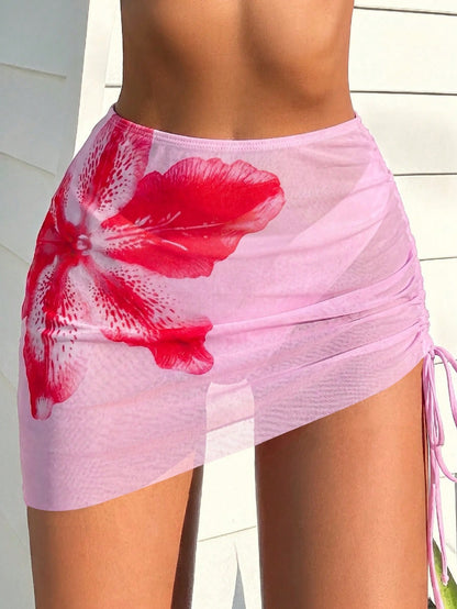 Swim Vcay Women Leopard Butterfly Print Drawstring Coverup Skirt Set Print Design Assorted For Summer Beach Vacation Pink Tropical