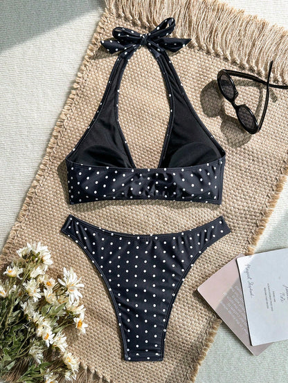 Swim Vcay Women's 2-Piece Bikini Set, Tropical Cute Multi-Color Print Halter Top And Triangle Bottom With Starfish Detail, Elegant Beach Vacation Casual Bikini Set Outfit For Valentine's Day Party