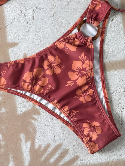 Swim Vcay Women's 2-Piece Bikini Set, Tropical Cute Multi-Color Print Halter Top And Triangle Bottom, Hot-Selling Beach Vacation Casual Elegant Valentine's Day Party Bikini Set Set, Women's Holiday El