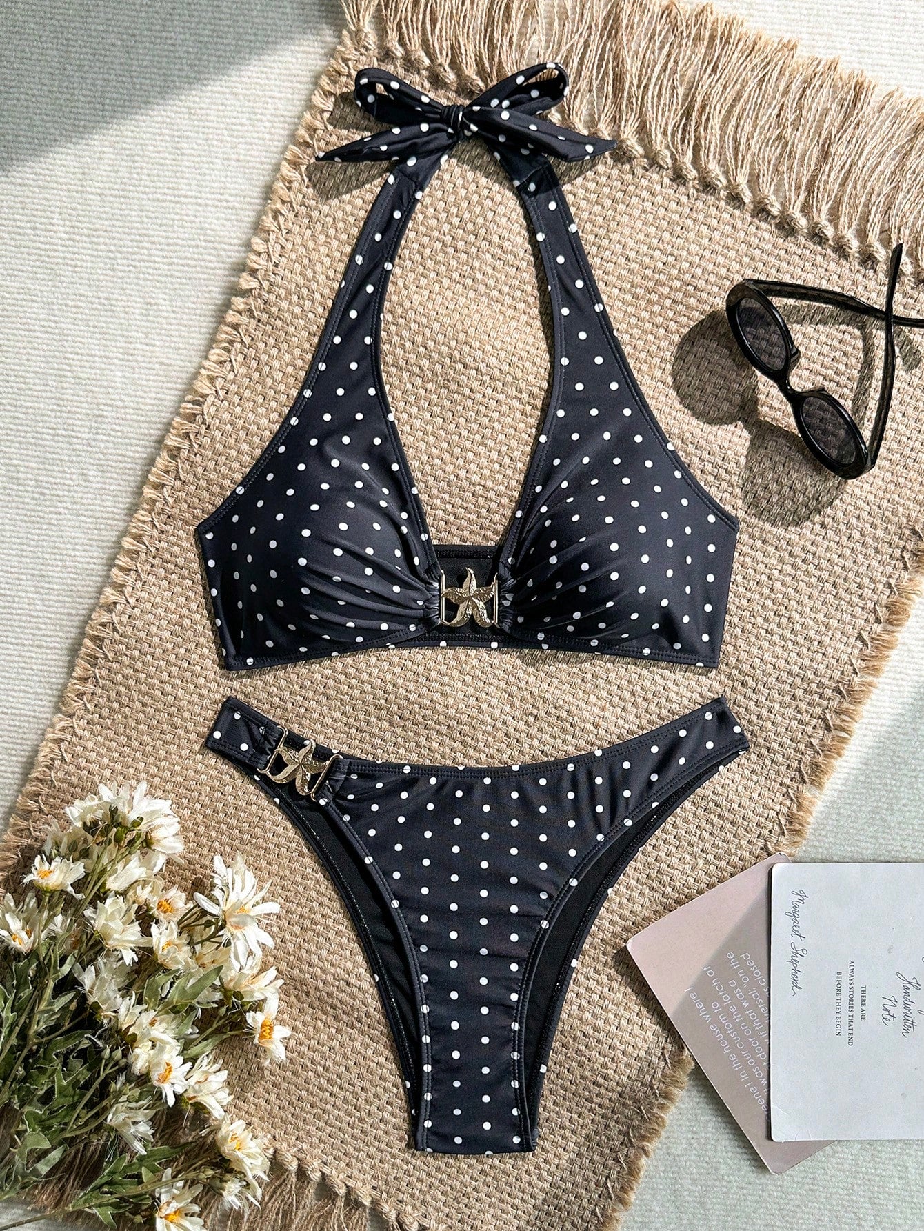 Swim Vcay Women's 2-Piece Bikini Set, Tropical Cute Multi-Color Print Halter Top And Triangle Bottom With Starfish Detail, Elegant Beach Vacation Casual Bikini Set Outfit For Valentine's Day Party