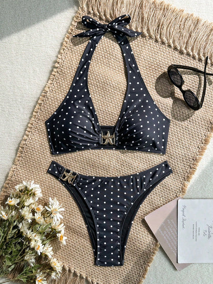 Swim Vcay Women's 2-Piece Bikini Set, Tropical Cute Multi-Color Print Halter Top And Triangle Bottom With Starfish Detail, Elegant Beach Vacation Casual Bikini Set Outfit For Valentine's Day Party