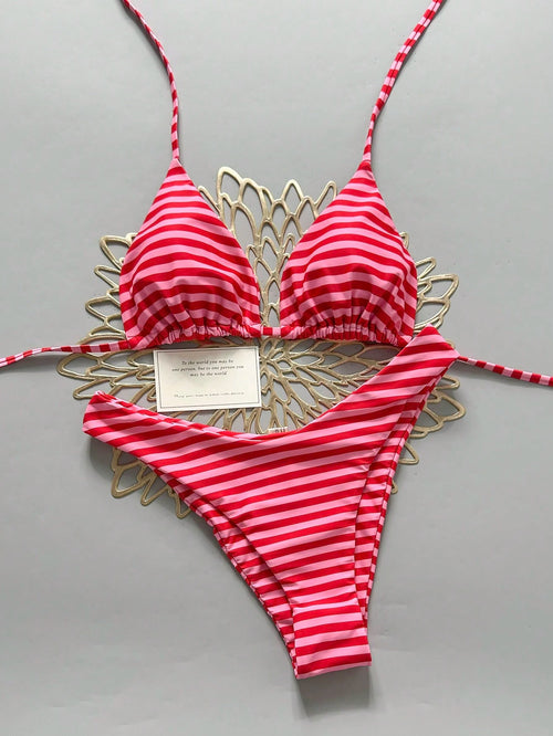 Swim Vcay Women's 2-Piece Split Bikini Set, Tropical Cute Multicolor Striped Print Halter Neck Triangle Top And Cute Triangle Bottoms, Hot-Selling Beach Vacation Casual Elegant Valentine's Day Party B
