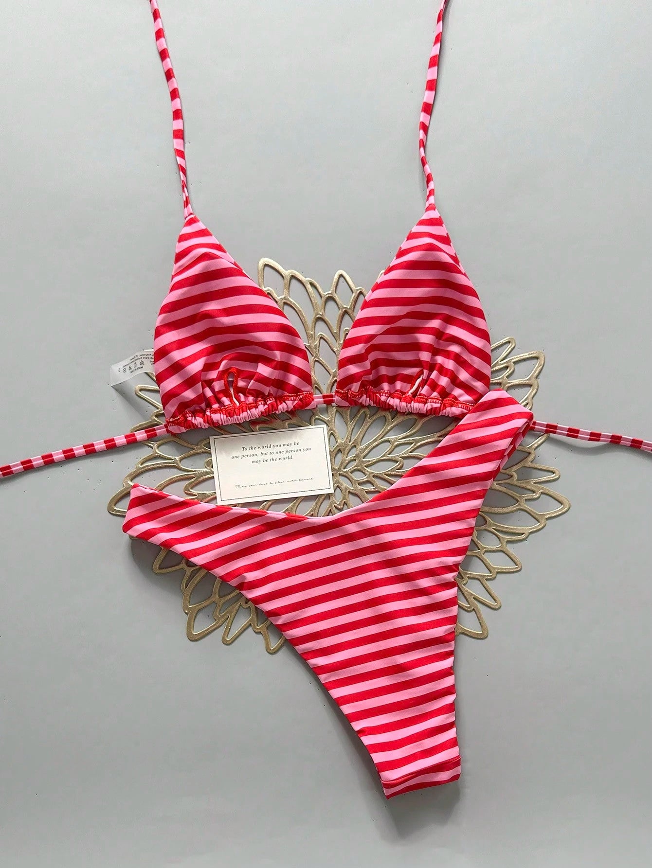 Swim Vcay Women's 2-Piece Split Bikini Set, Tropical Cute Multicolor Striped Print Halter Neck Triangle Top And Cute Triangle Bottoms, Hot-Selling Beach Vacation Casual Elegant Valentine's Day Party B