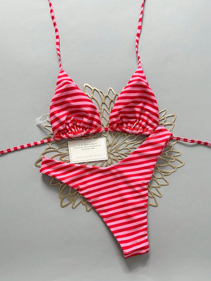 Swim Vcay Women's 2-Piece Split Bikini Set, Tropical Cute Multicolor Striped Print Halter Neck Triangle Top And Cute Triangle Bottoms, Hot-Selling Beach Vacation Casual Elegant Valentine's Day Party B