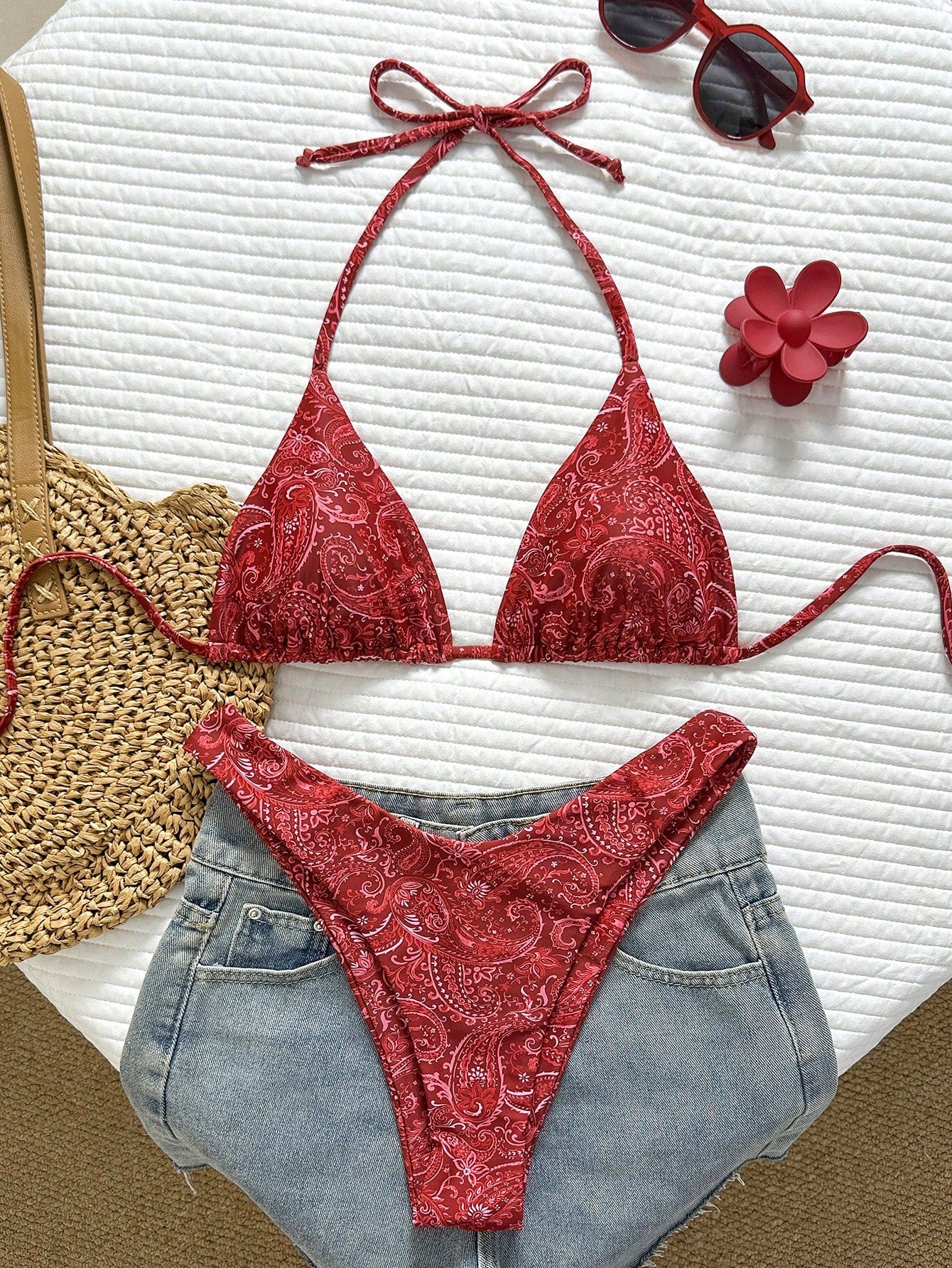 Swim Vcay Women's 2-Piece Split Bikini Set, Tropical Cute Multicolor Striped Print Halter Neck Triangle Top And Cute Triangle Bottoms, Hot-Selling Beach Vacation Casual Elegant Valentine's Day Party B