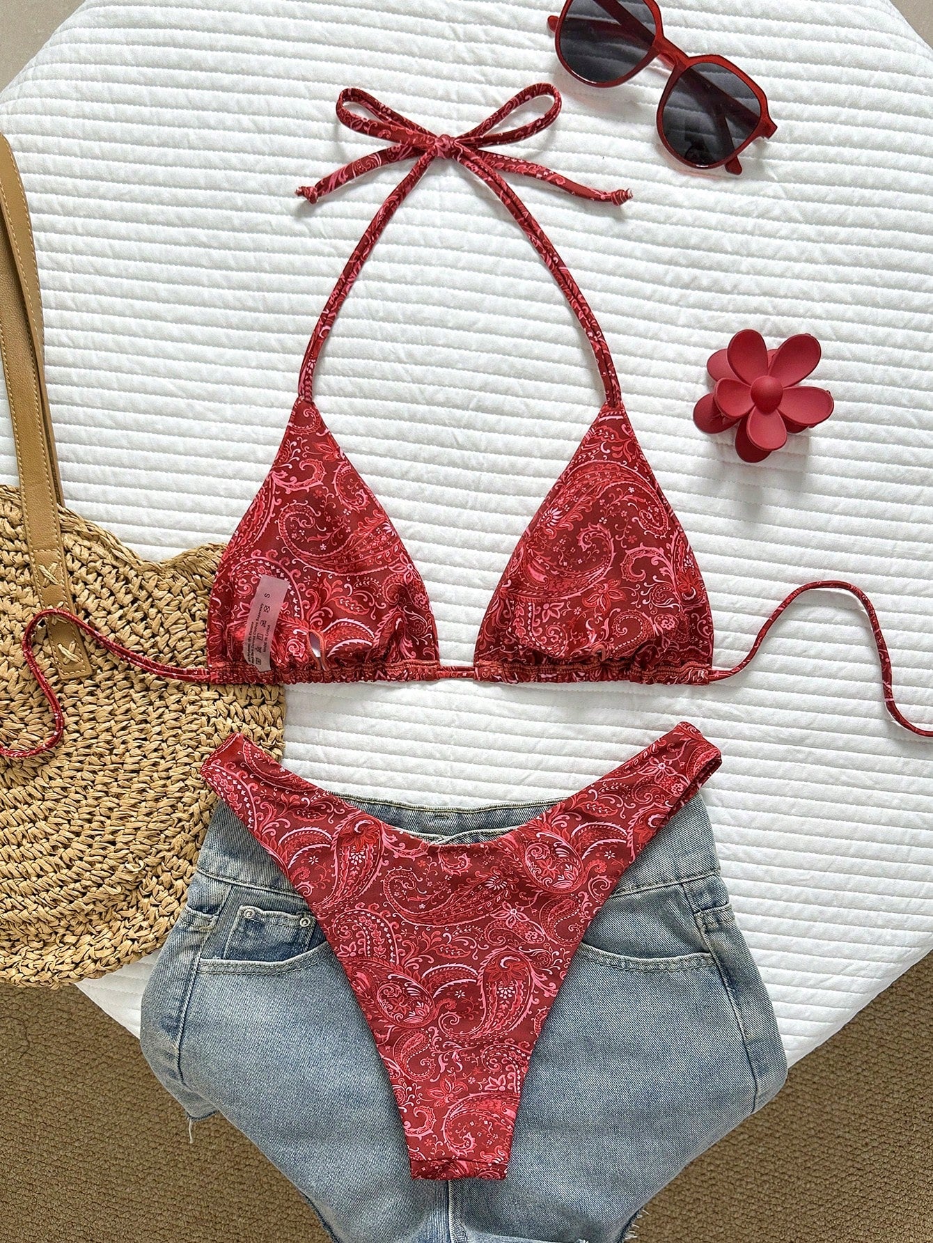 Swim Vcay Women's 2-Piece Split Bikini Set, Tropical Cute Multicolor Striped Print Halter Neck Triangle Top And Cute Triangle Bottoms, Hot-Selling Beach Vacation Casual Elegant Valentine's Day Party B