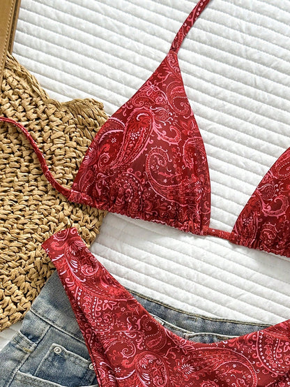 Swim Vcay Women's 2-Piece Split Bikini Set, Tropical Cute Multicolor Striped Print Halter Neck Triangle Top And Cute Triangle Bottoms, Hot-Selling Beach Vacation Casual Elegant Valentine's Day Party B