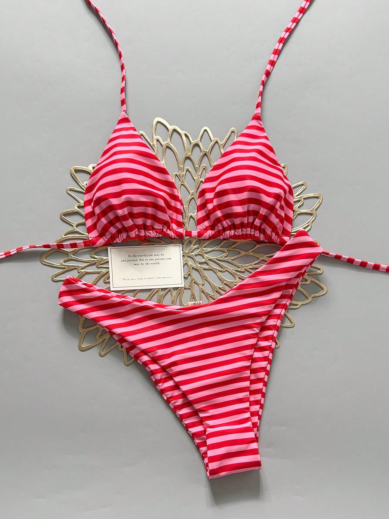Swim Vcay Women's 2-Piece Split Bikini Set, Tropical Cute Multicolor Striped Print Halter Neck Triangle Top And Cute Triangle Bottoms, Hot-Selling Beach Vacation Casual Elegant Valentine's Day Party B
