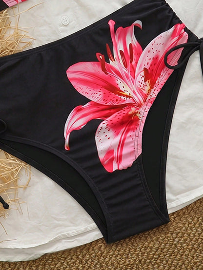 Swim Vcay Women's 2-Piece Tropical Ditsy Floral Bandeau Crop Top And High Waist Shorts Bikini Set Set, Casual Beach Party Bikini