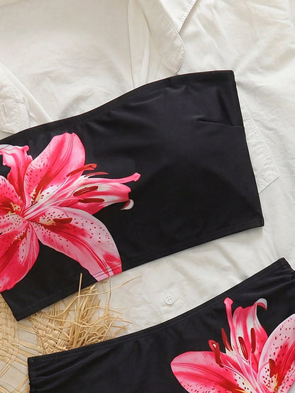 Swim Vcay Women's 2-Piece Tropical Ditsy Floral Bandeau Crop Top And High Waist Shorts Bikini Set Set, Casual Beach Party Bikini