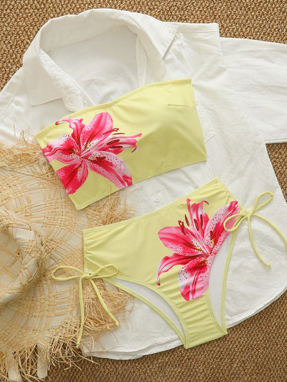 Swim Vcay Women's 2-Piece Tropical Ditsy Floral Bandeau Crop Top And High Waist Shorts Bikini Set Set, Casual Beach Party Bikini