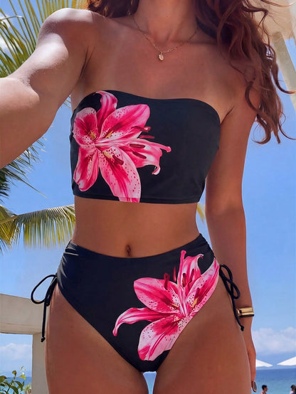 Swim Vcay Women's 2-Piece Tropical Ditsy Floral Bandeau Crop Top And High Waist Shorts Bikini Set Set, Casual Beach Party Bikini