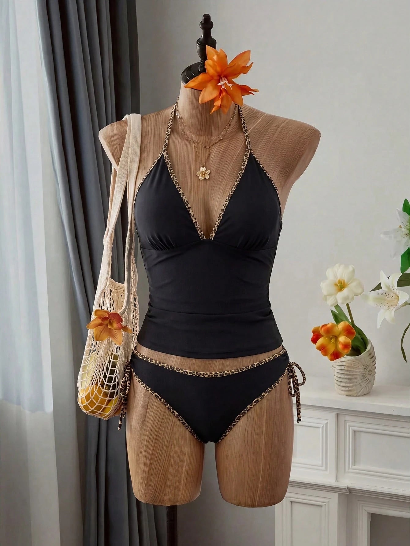 Swim Vcay Women's 2-Piece Tropical Leopard Print Tie-Front Spaghetti Strap Bikini Set, Sexy Slimming Bikini Set For Beach, Holiday, Party