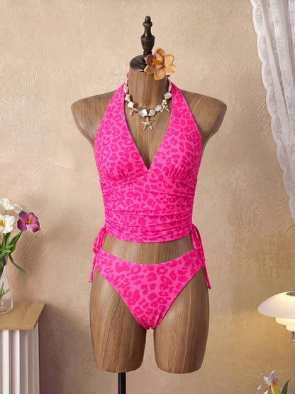 Swim Vcay Women's 2-Piece Tropical Sexy Leopard Print Spaghetti Strap Top With Tie Side Bikini Set, Elegant Vacation Beach Outfit, Valentine's Day Gift