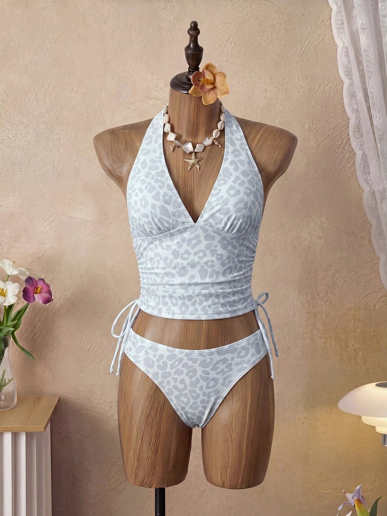 Swim Vcay Women's 2-Piece Tropical Sexy Leopard Print Spaghetti Strap Top With Tie Side Bikini Set, Elegant Vacation Beach Outfit, Valentine's Day Gift