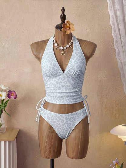 Swim Vcay Women's 2-Piece Tropical Sexy Leopard Print Spaghetti Strap Top With Tie Side Bikini Set, Elegant Vacation Beach Outfit, Valentine's Day Gift