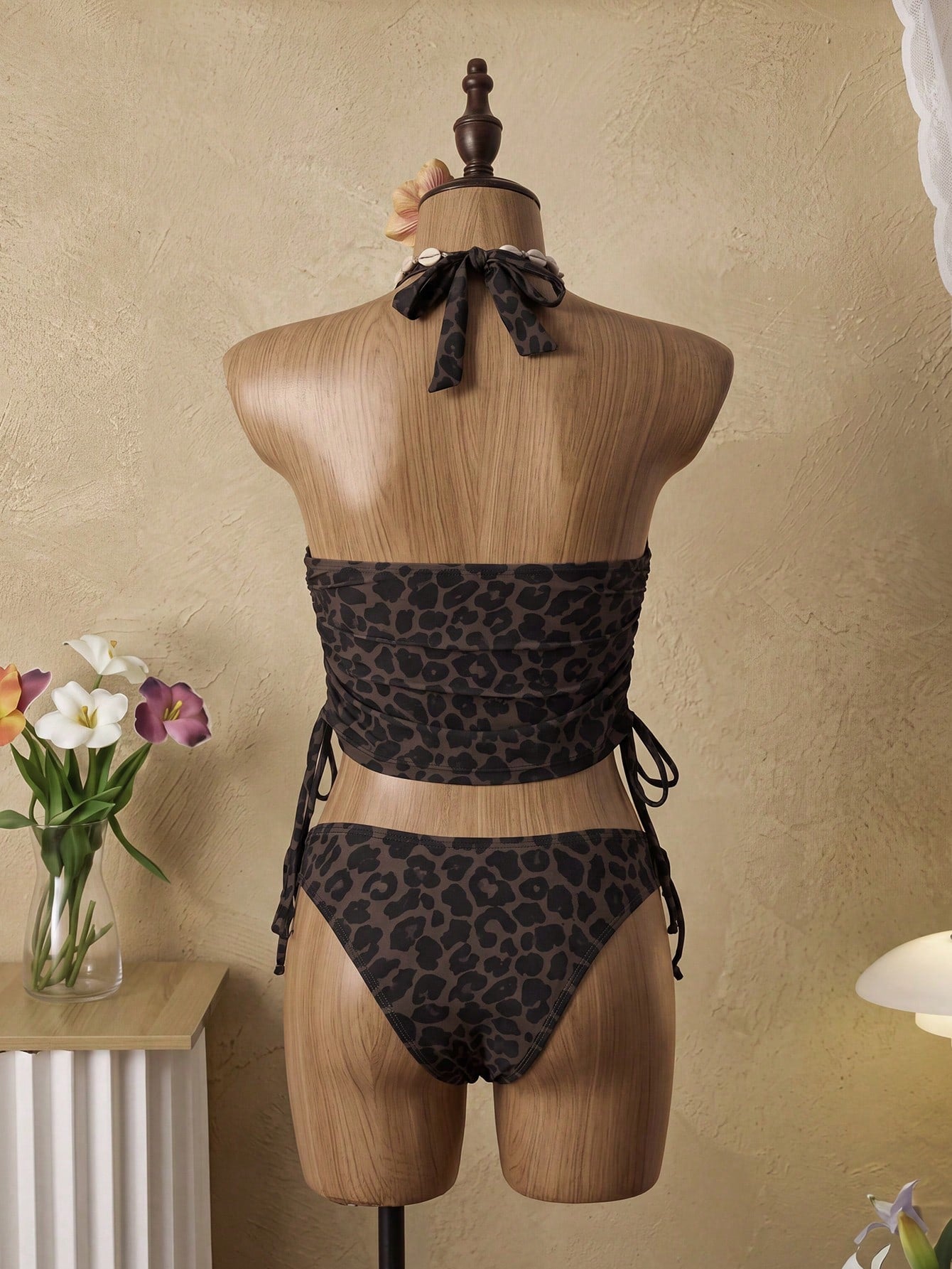 Swim Vcay Women's 2-Piece Tropical Sexy Leopard Print Spaghetti Strap Top With Tie Side Bikini Set, Elegant Vacation Beach Casual Outfit, Valentine's Day Gift