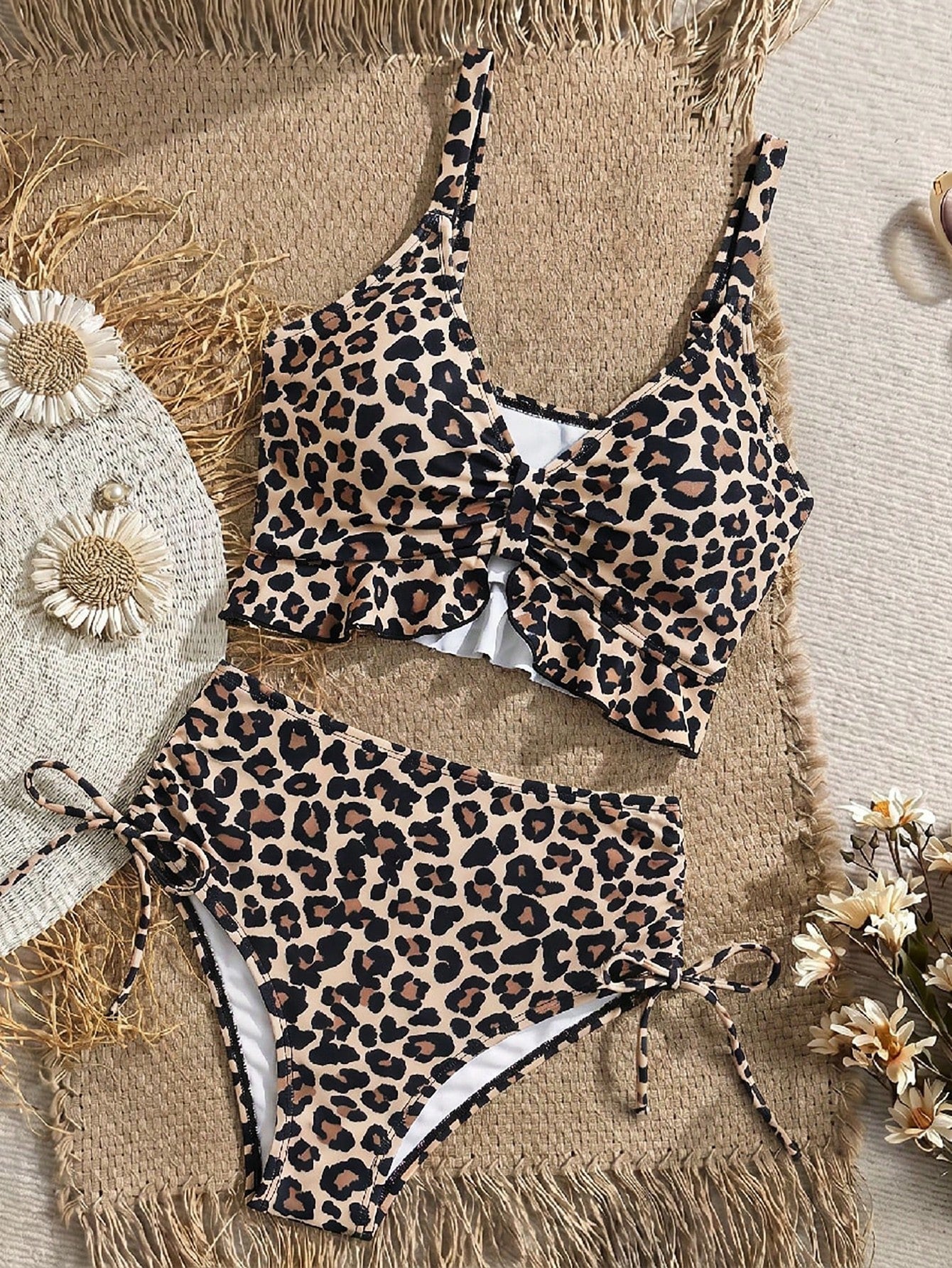 Swim Vcay Women's Beach Holiday Ruffle Hem Drawstring Sexy Leopard Print Camisole Bikini Top