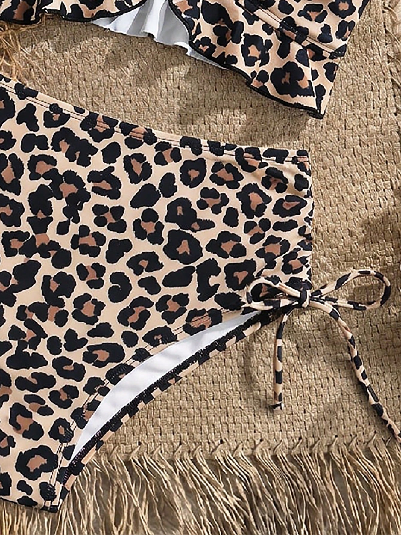 Swim Vcay Women's Beach Holiday Ruffle Hem Drawstring Sexy Leopard Print Camisole Bikini Top