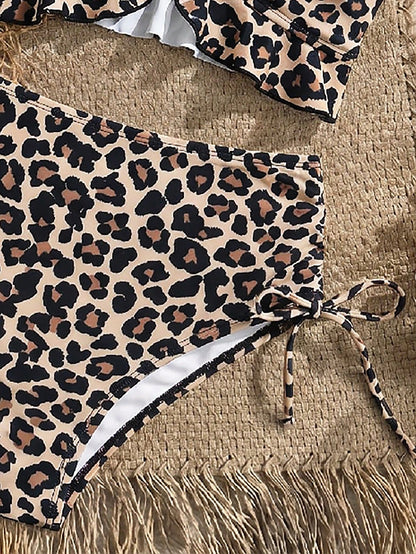 Swim Vcay Women's Beach Holiday Ruffle Hem Drawstring Sexy Leopard Print Camisole Bikini Top