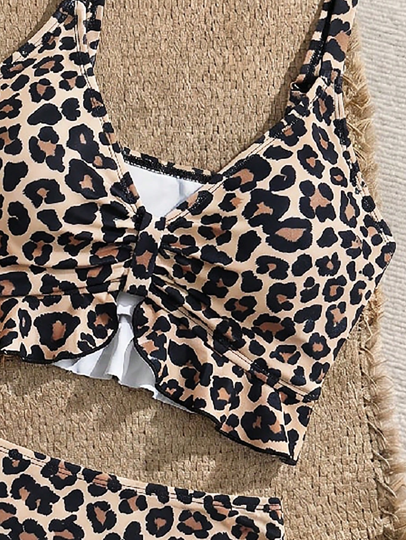 Swim Vcay Women's Beach Holiday Ruffle Hem Drawstring Sexy Leopard Print Camisole Bikini Top