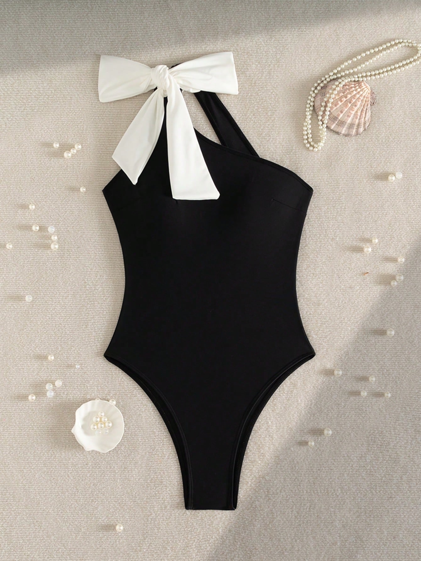 Swim Vcay Women's Black And White Striped One-Piece Swimsuit With Shoulder Strap Design, Sexy Beach Vacation Style, Summer