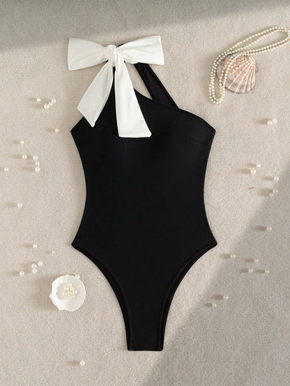 Swim Vcay Women's Black And White Striped One-Piece Swimsuit With Shoulder Strap Design, Sexy Beach Vacation Style, Summer