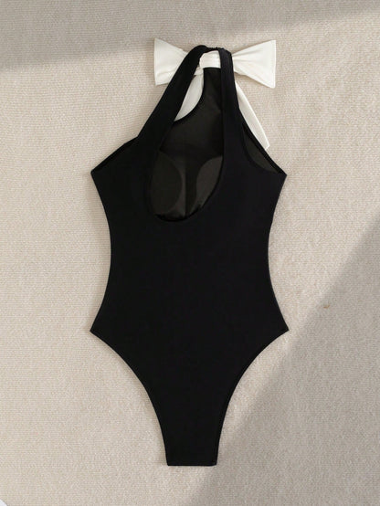Swim Vcay Women's Black And White Striped One-Piece Swimsuit With Shoulder Strap Design, Sexy Beach Vacation Style, Summer