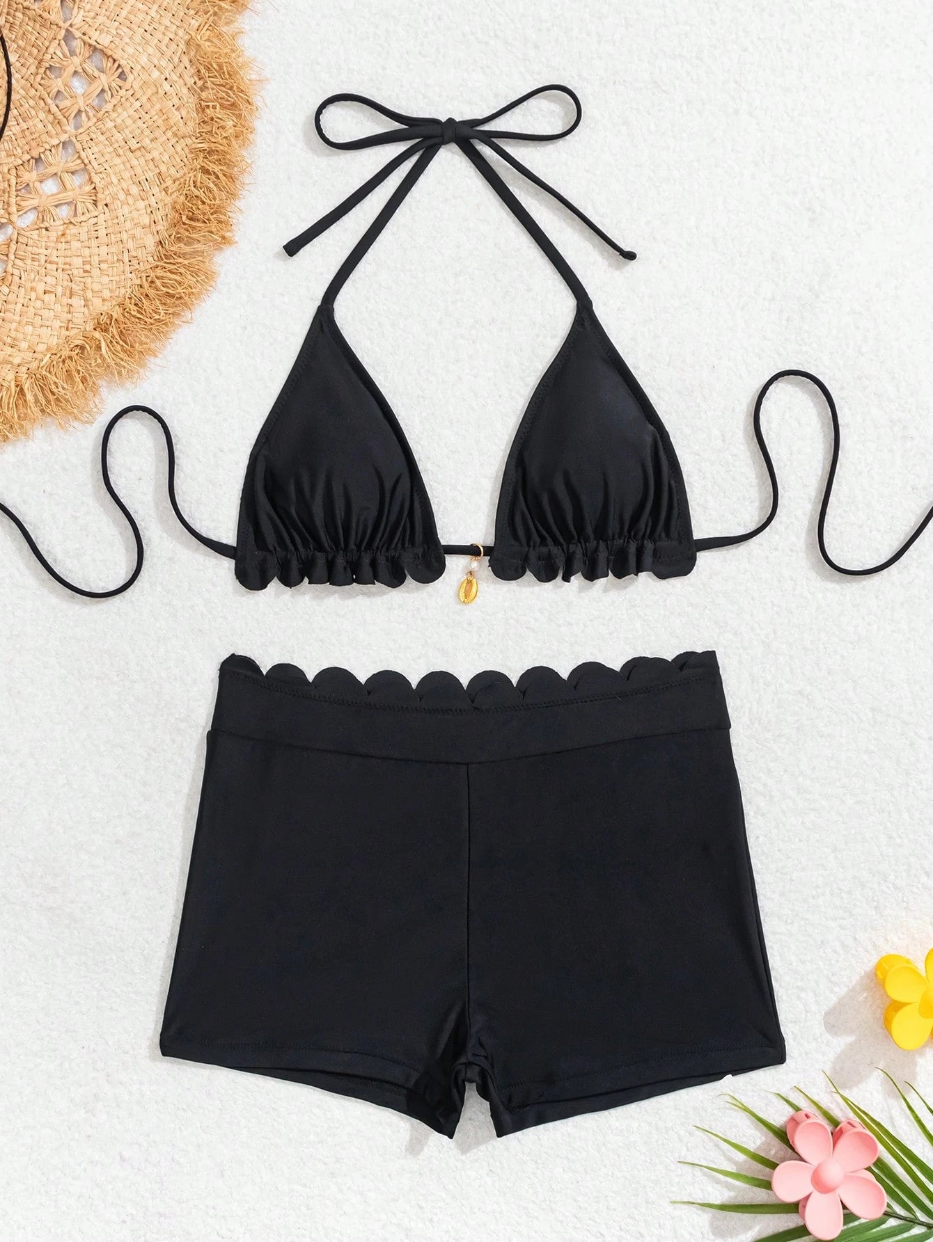 Swim Vcay Women's Black Solid Nylon Material Halter Neck Design Simple Vacation Style Swimwear Set For Summer