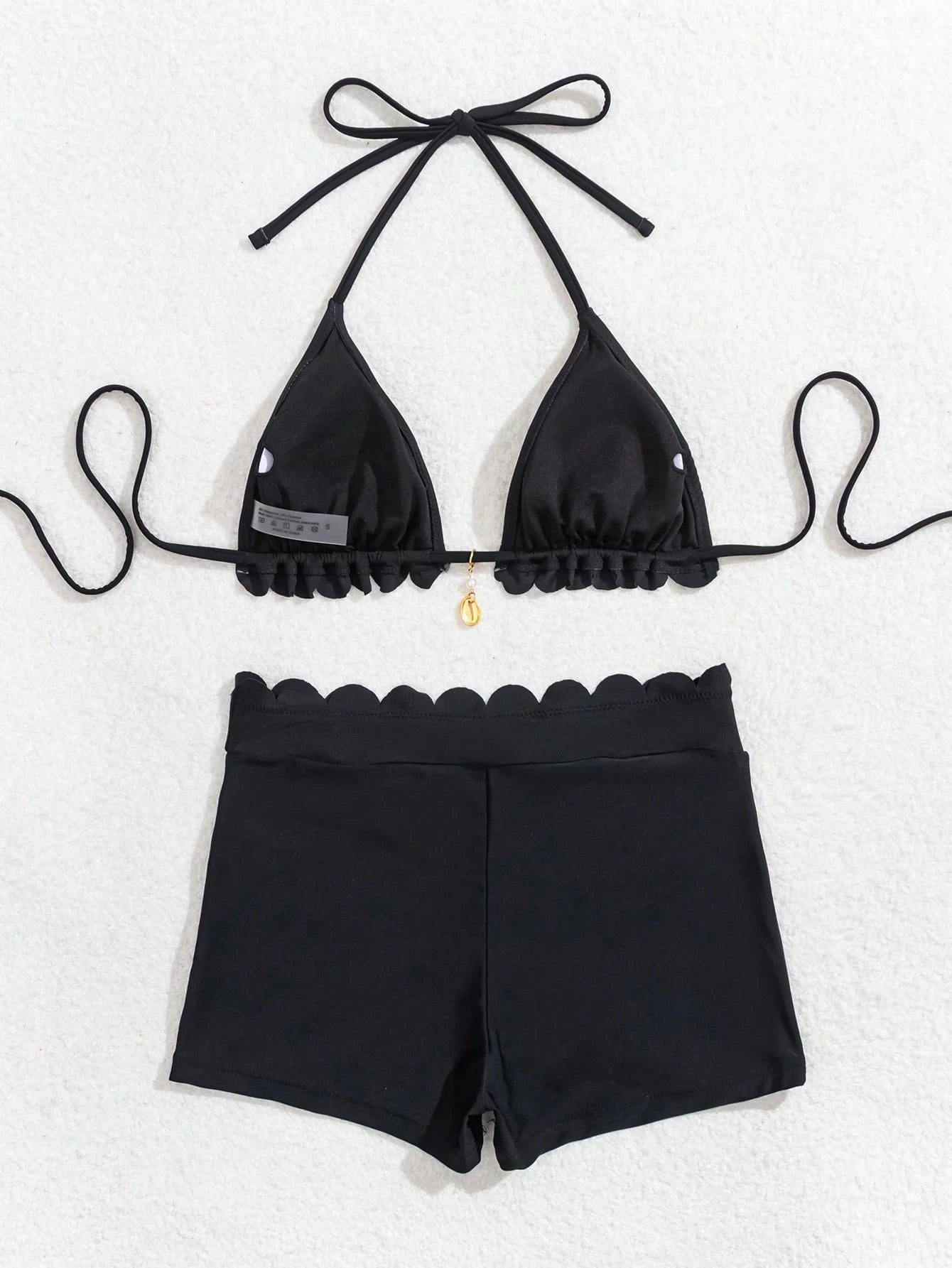 Swim Vcay Women's Black Solid Nylon Material Halter Neck Design Simple Vacation Style Swimwear Set For Summer