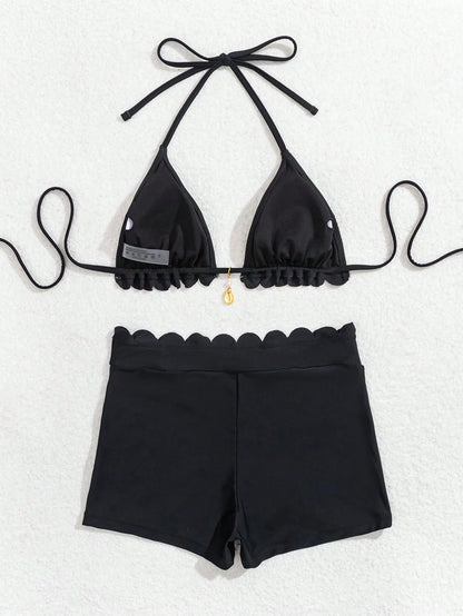 Swim Vcay Women's Black Solid Nylon Material Halter Neck Design Simple Vacation Style Swimwear Set For Summer