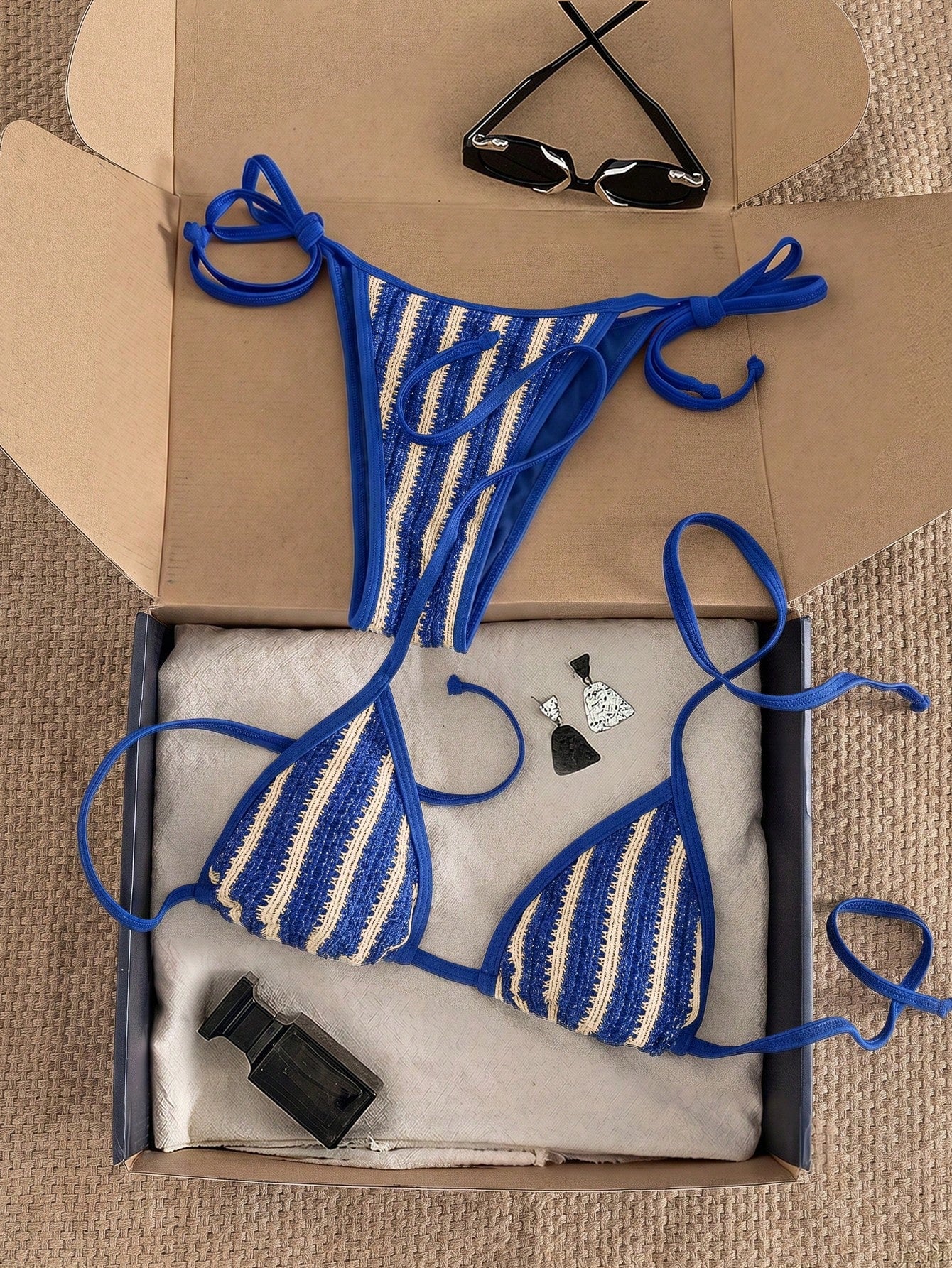 Swim Vcay Women's Blue And White Striped Triangle Bikini Set,2 Pieces Swimwear With Side Tie Bottom,Summer Casual Beach Holiday Vacation Holiday Beachwear