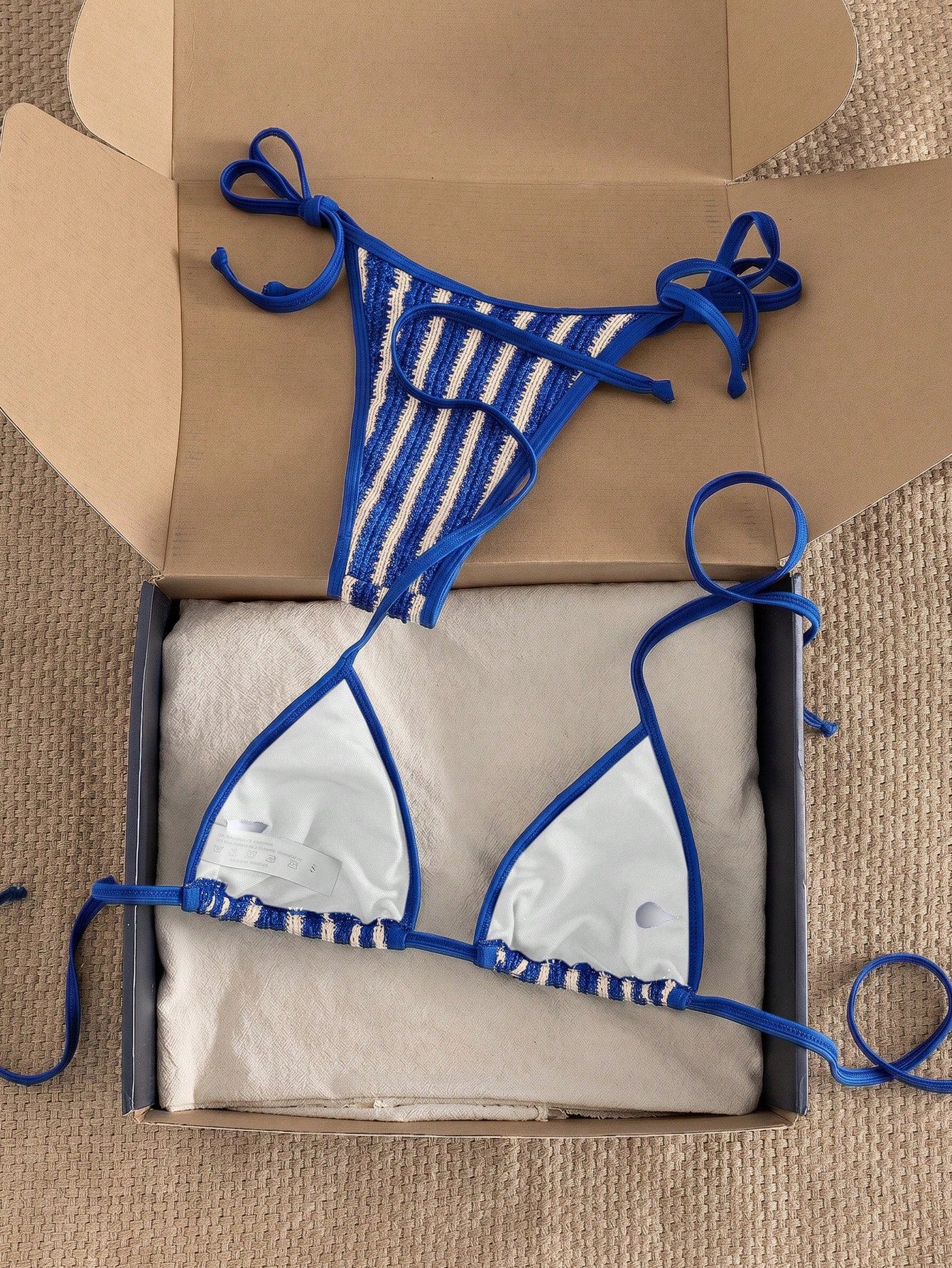 Swim Vcay Women's Blue And White Striped Triangle Bikini Set,2 Pieces Swimwear With Side Tie Bottom,Summer Casual Beach Holiday Vacation Holiday Beachwear